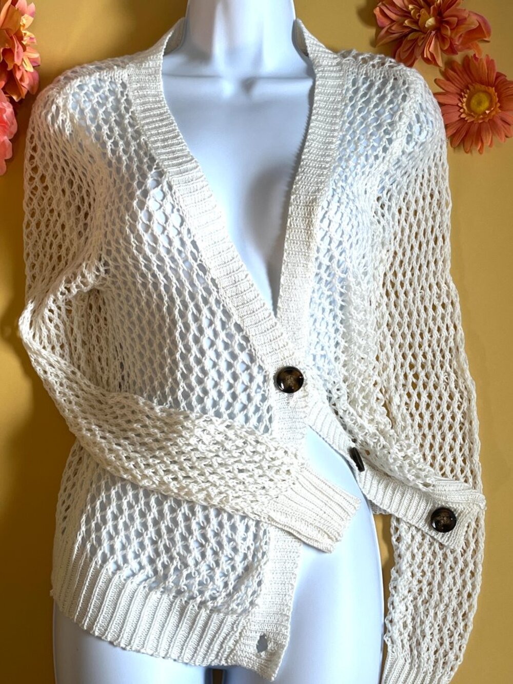 Pol Crochet Cardigan Open Pattern Cream Size L Boho Coastal Grandma